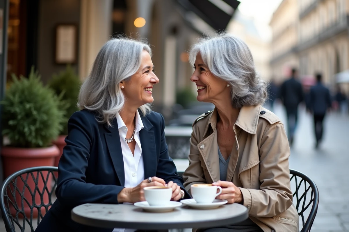 Deux femmes en terrasse de café comparant cheveux gris naturels et blended grey lors d'une conversation détendue