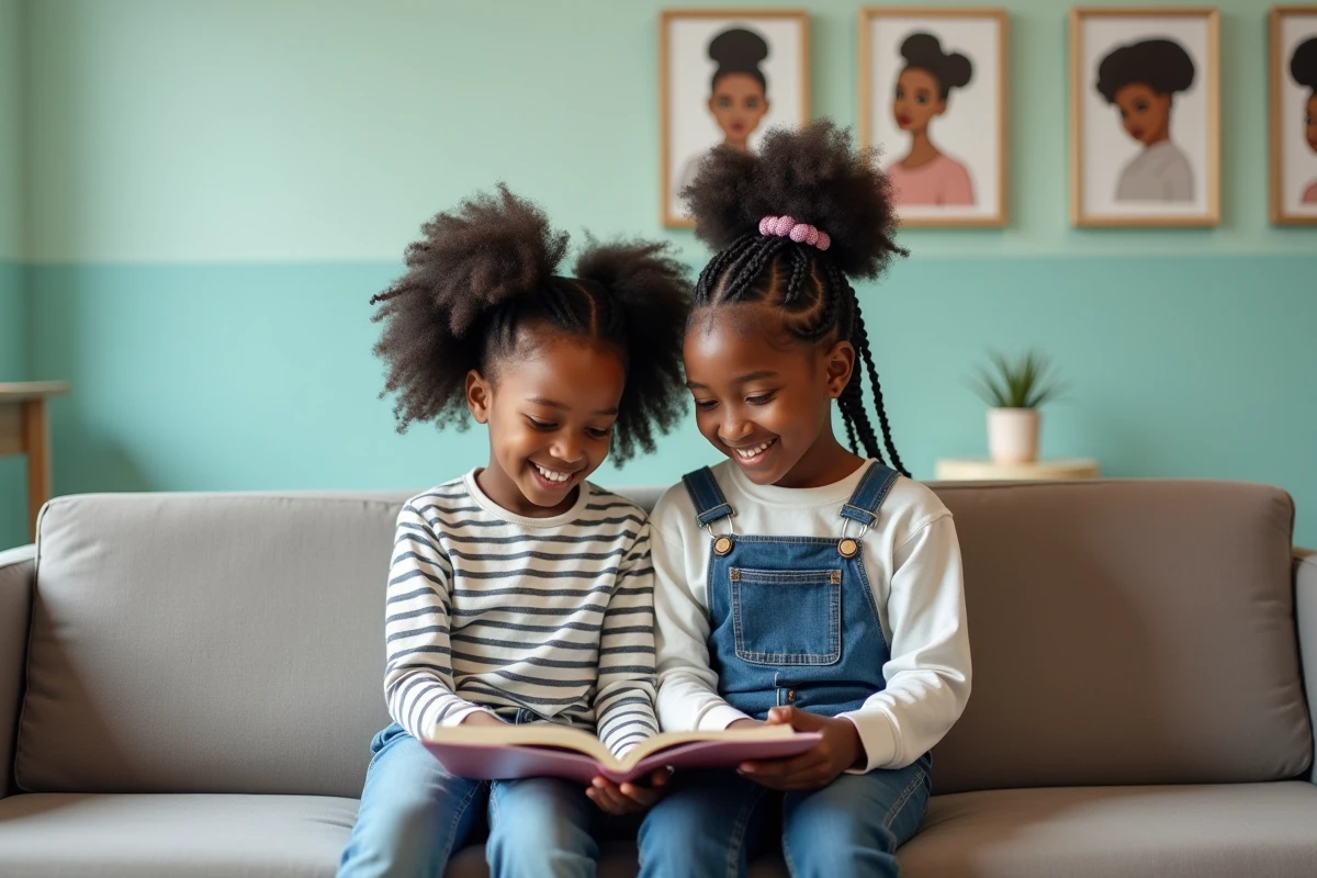 Deux fillettes aux cheveux afro coiffés dans une salle d'attente de salon pour enfants, partageant un livre avec des sourires naturels