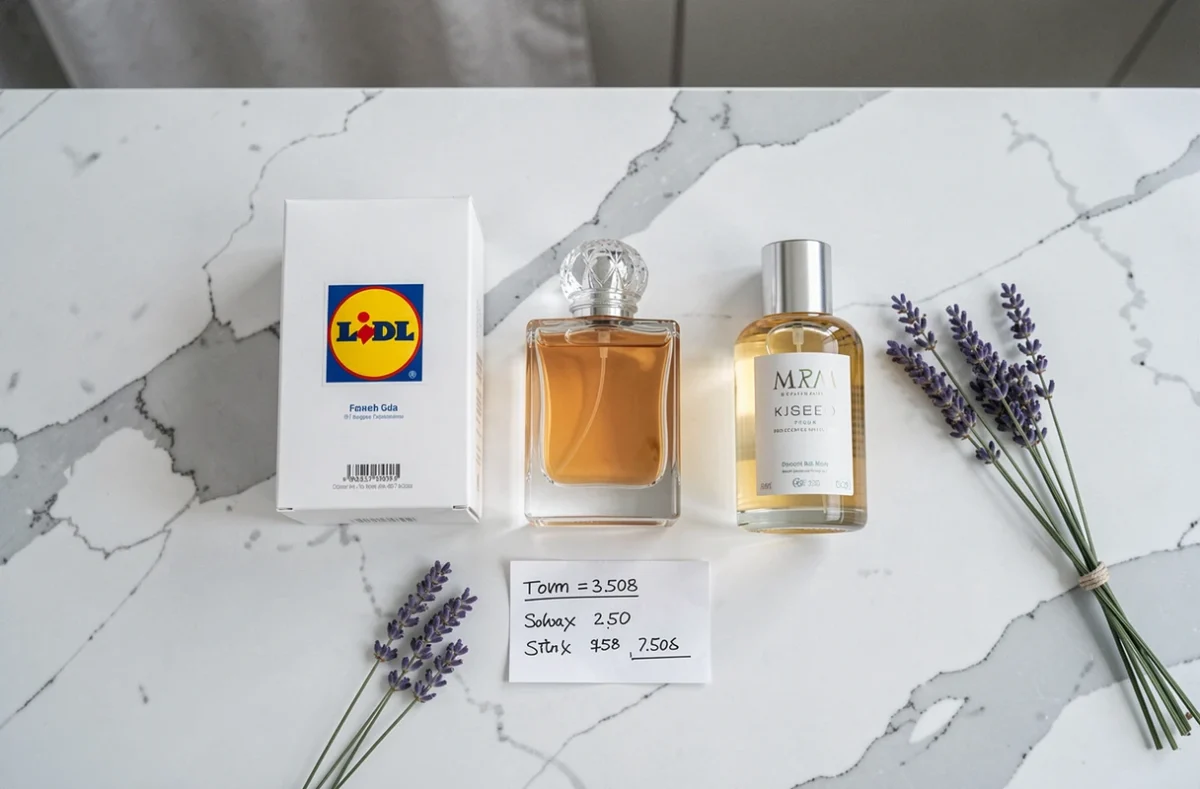 Flat lay comparatif de parfums Lidl et marques de luxe sur marbre blanc avec note de prix, liste de dupes anti-inflation