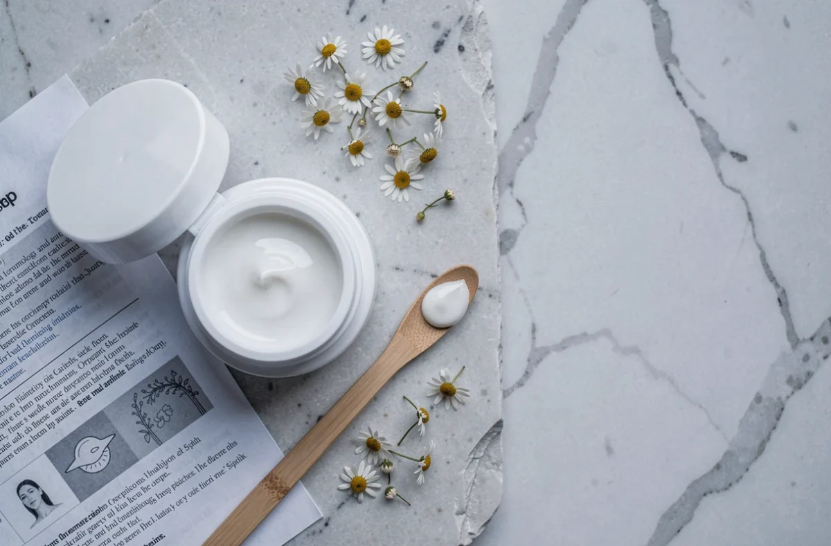 Vue de dessus d'un pot de crème cosmétique ouvert avec rapport dermatologique et fleurs séchées sur marbre