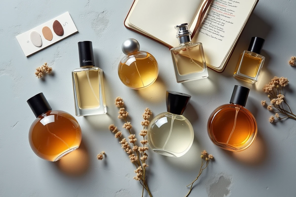 Flatlay de flacons de parfums variés comparés sur une surface en pierre, illustration de comparateur de parfums type Fragantrica