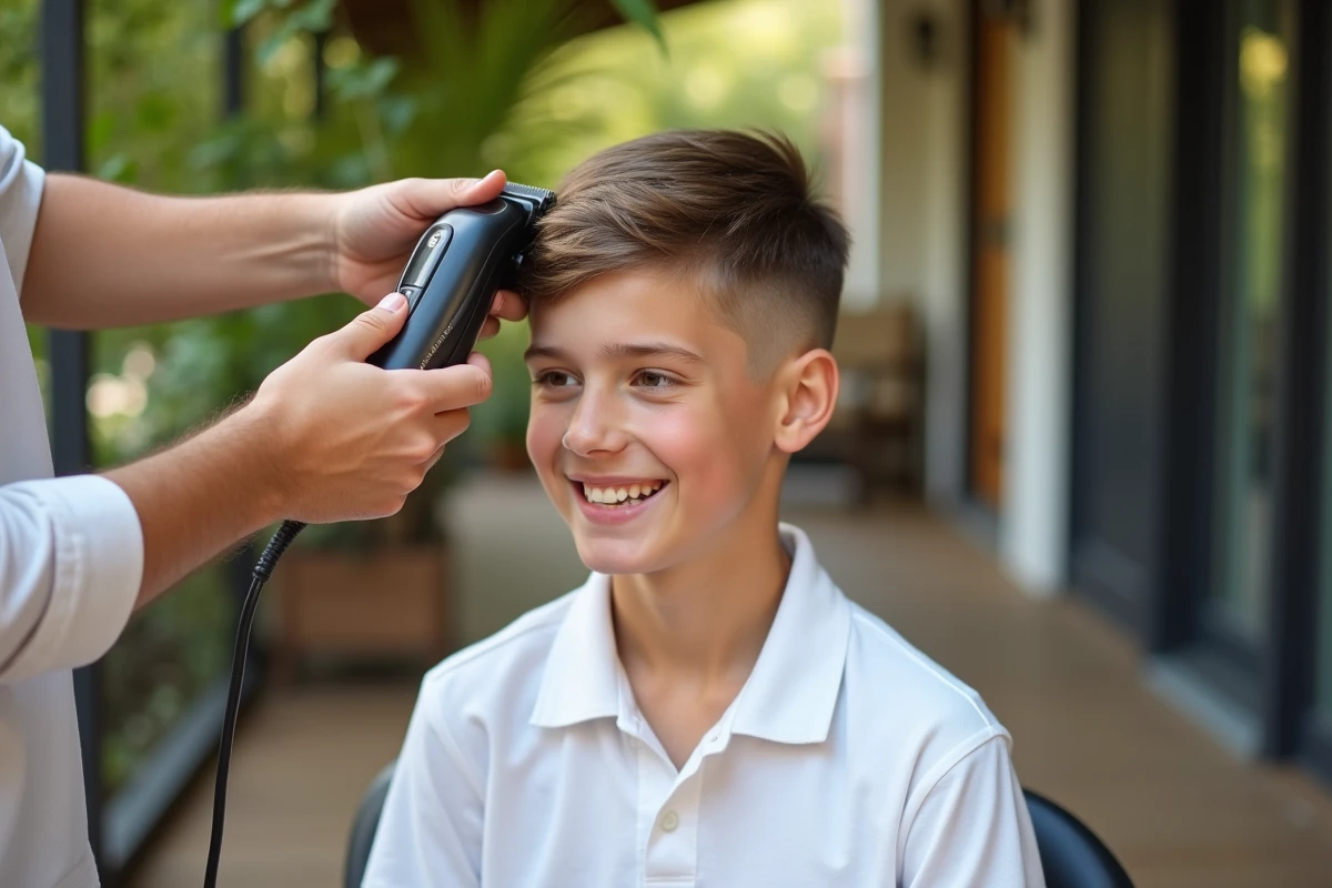 Adolescent recevant une coupe capstyle en extérieur