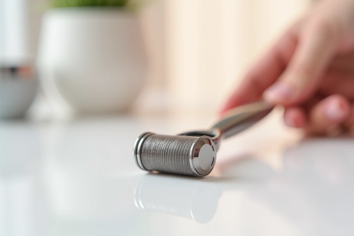 Gros plan d'un dermaroller à microneedles pour cheveux tenu entre les doigts sur fond blanc