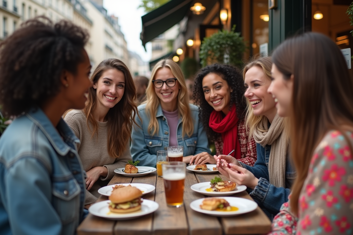 Femmes diverses discutant dans un café parisien en plein air