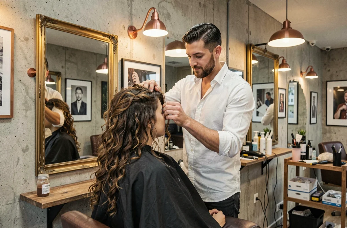Coiffeur stylisant les cheveux bouclés d'une cliente dans le salon Hem et Vous à Strasbourg