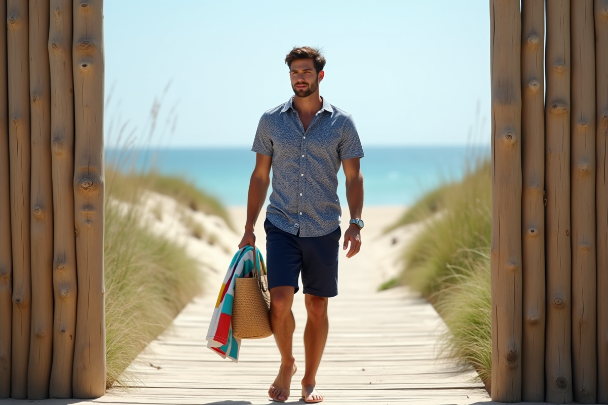 Jeune homme avec sac tissé et serviette colorée
