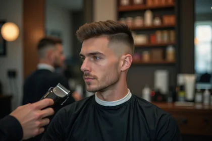 Jeune homme en coiffure fade dans un salon moderne