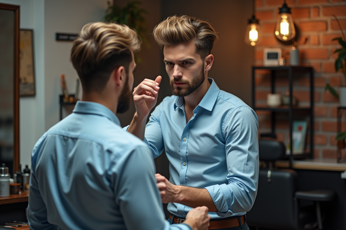 Jeune homme regardant ses cheveux dans un barbershop urbain