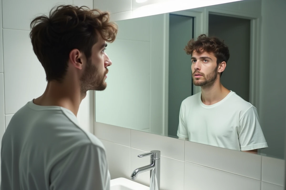 Jeune homme complexé par son nez grec observant son profil dans un miroir de salle de bain