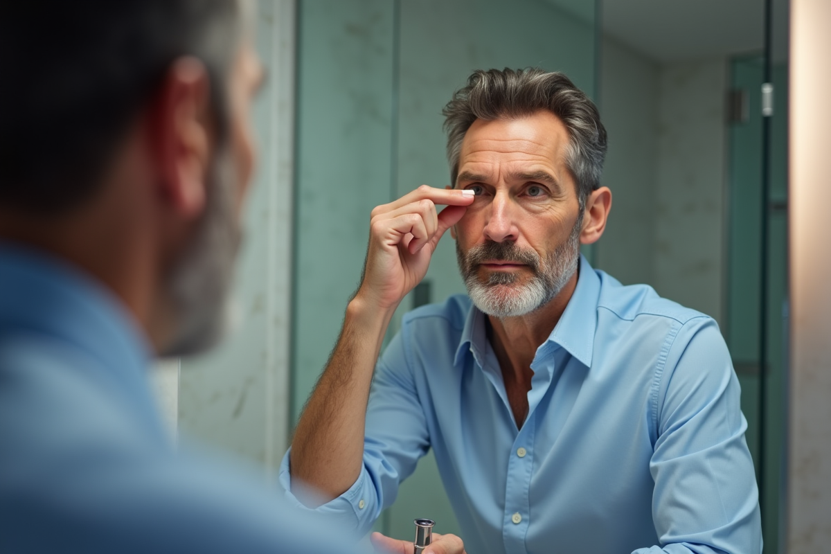 Homme appliquant crème pour les yeux dans une salle de bain élégante