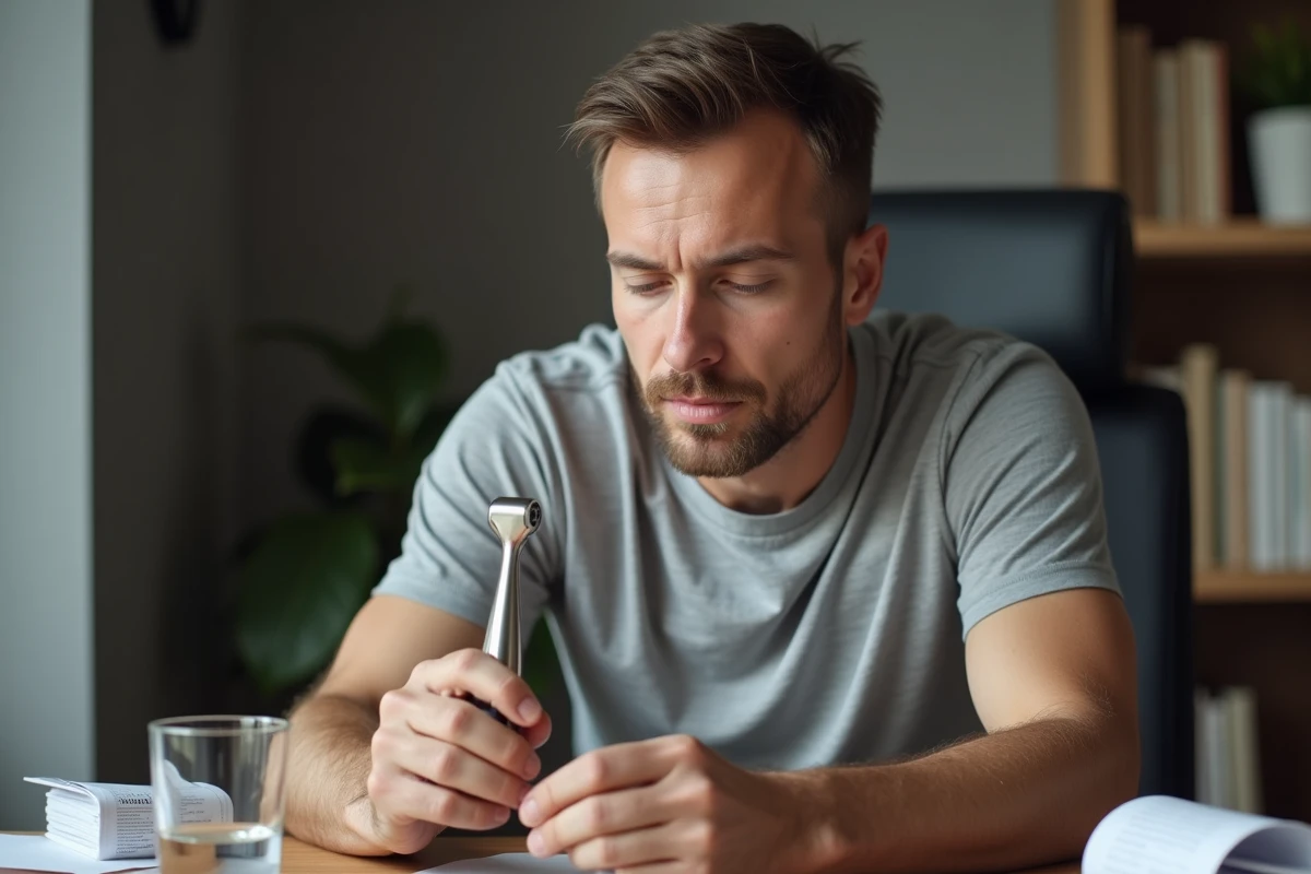 Homme examinant un dermaroller pour cheveux avant son utilisation, vue détaillée de l'outil en gros plan