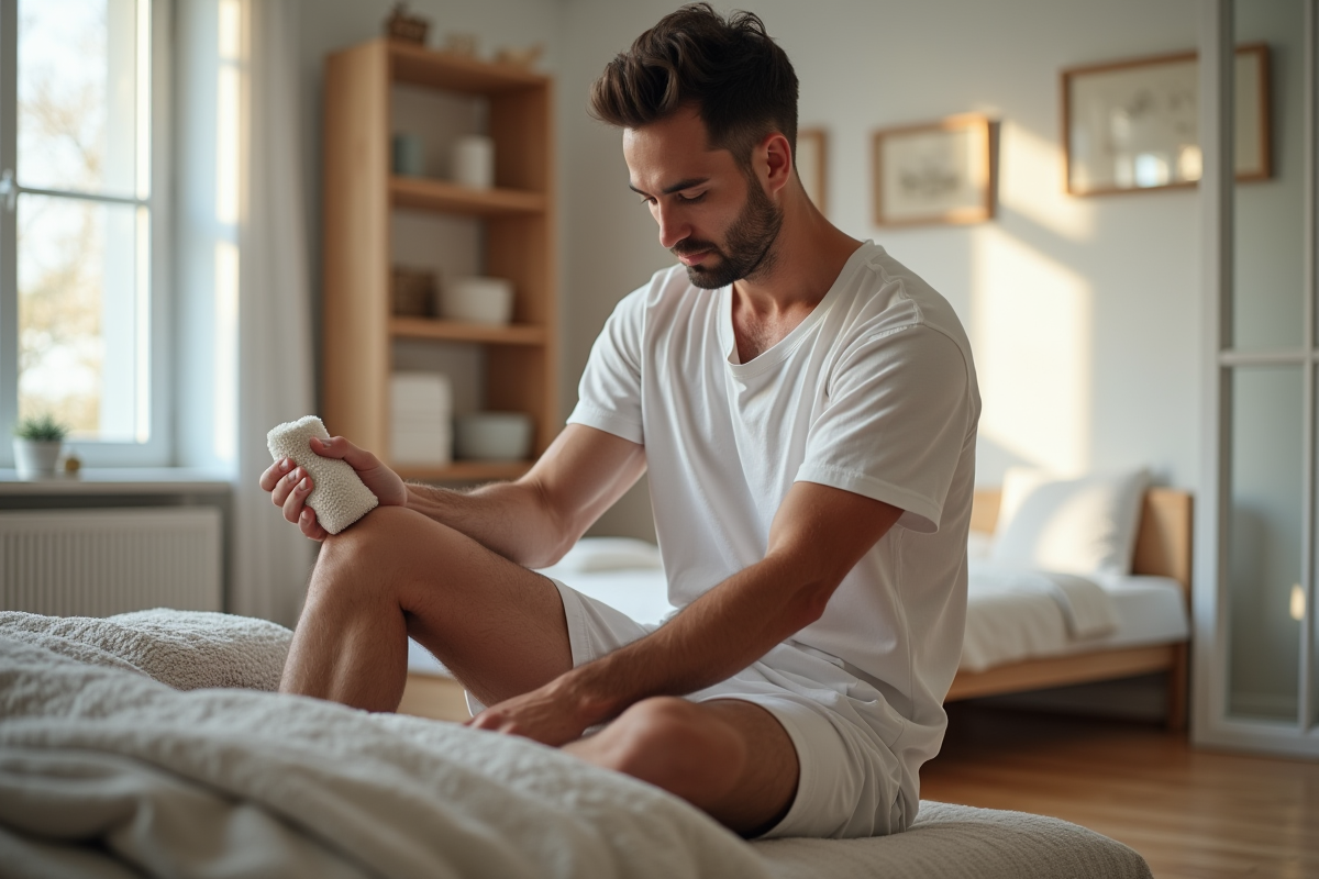 Homme utilisant un loofah pour exfolier ses jambes dans une chambre lumineuse