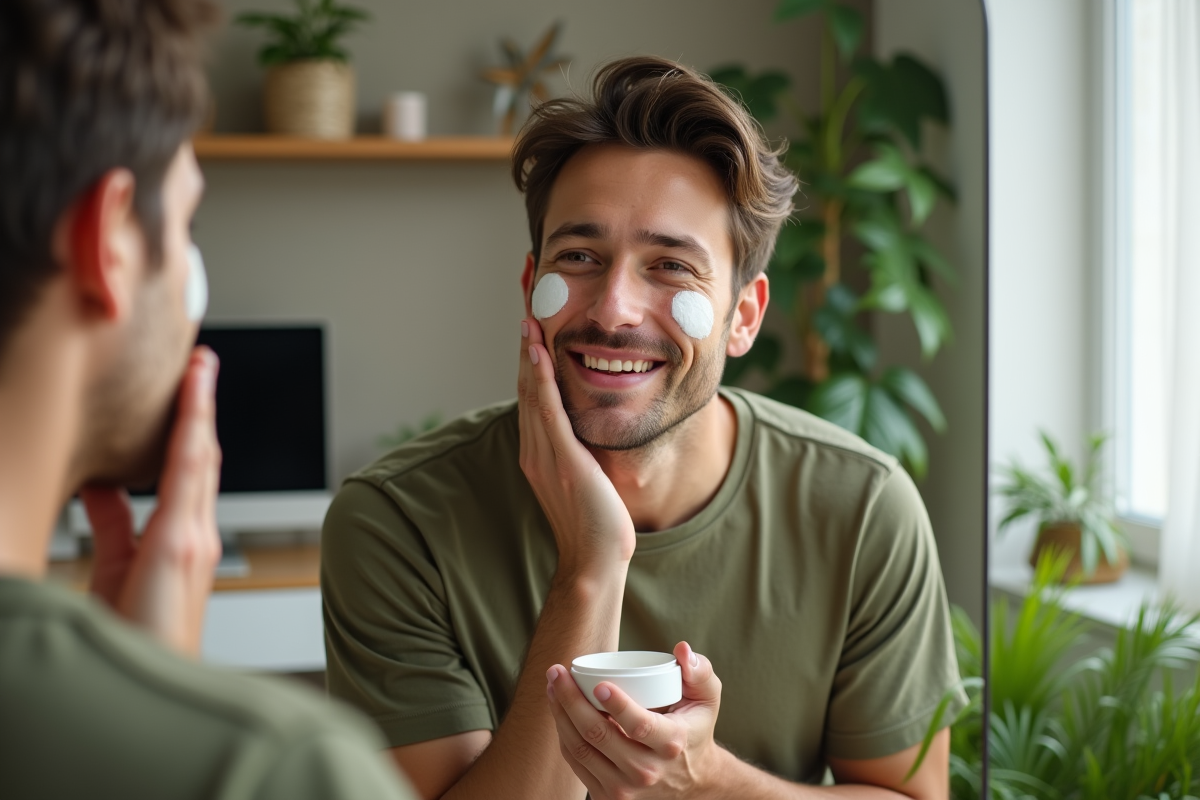 Jeune homme appliquant un gel exfoliant dans un salon lumineux