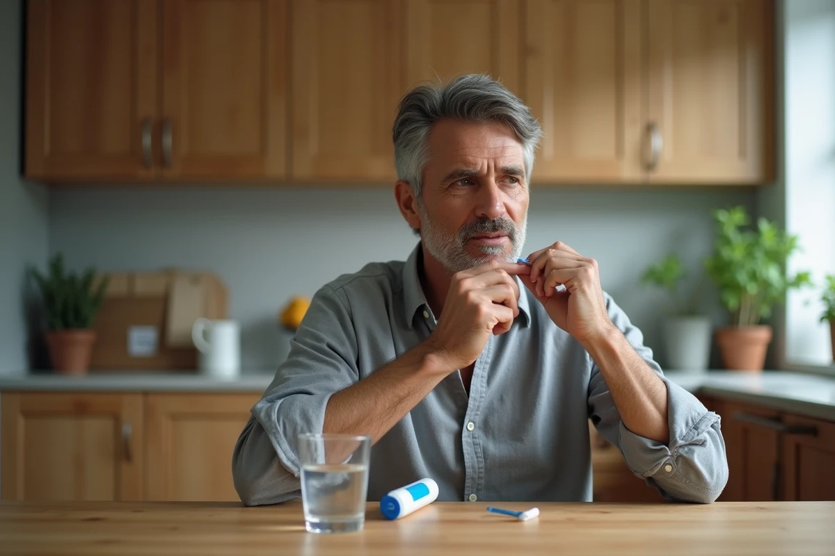 Homme en chemise grise utilisant du fil dentaire à une table de cuisine en bois avec de la pâte dentifrice et un verre d'eau