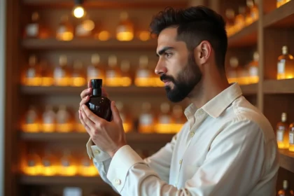 Homme examinant un flacon de parfum Abdul Samad dans une boutique de parfumerie en bois