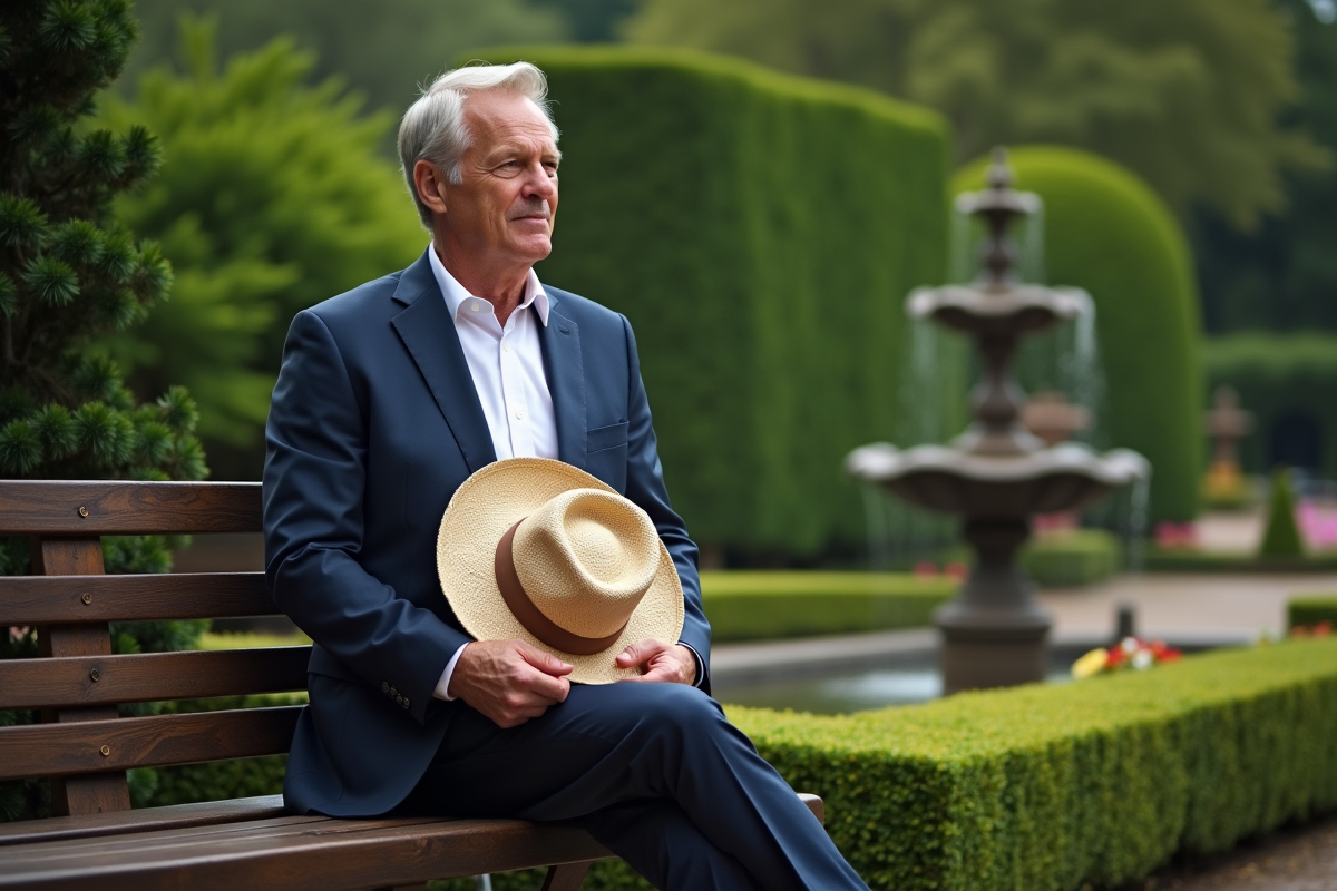 Homme en costume dans un jardin avec chapeau en paille