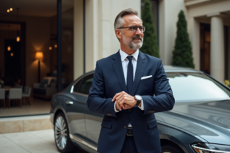 Homme d'âge moyen en costume ajusté près d'une voiture de luxe