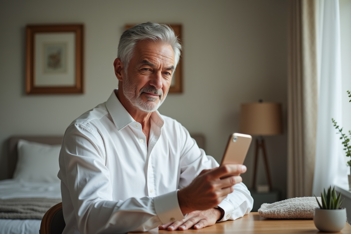 Homme concentré appliquant eyeliner dans chambre paisible