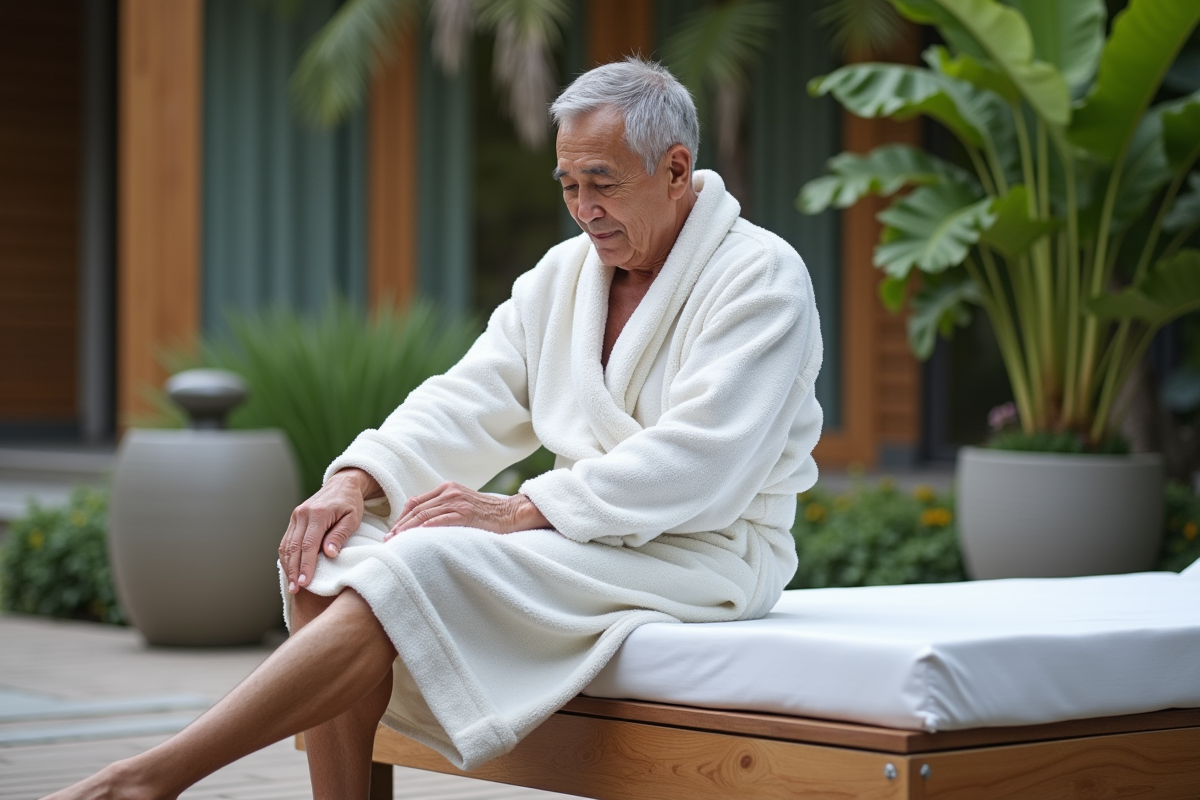 Homme âgé se massant les jambes dans un spa extérieur