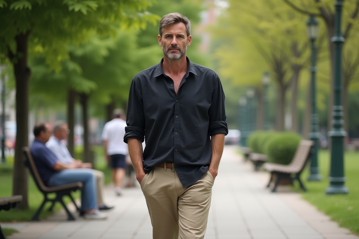 Homme décontracté marchant dans un parc urbain
