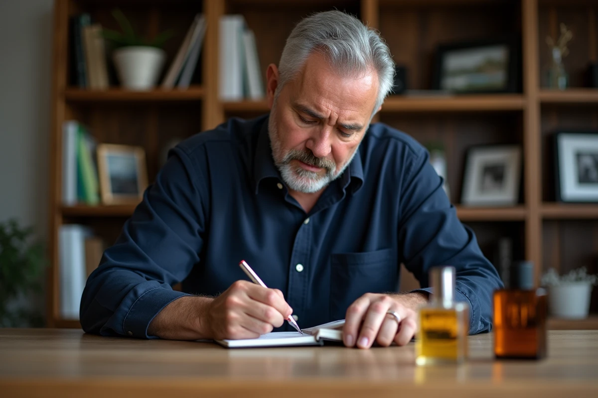 Homme compare deux parfums en notant ses observations à la maison