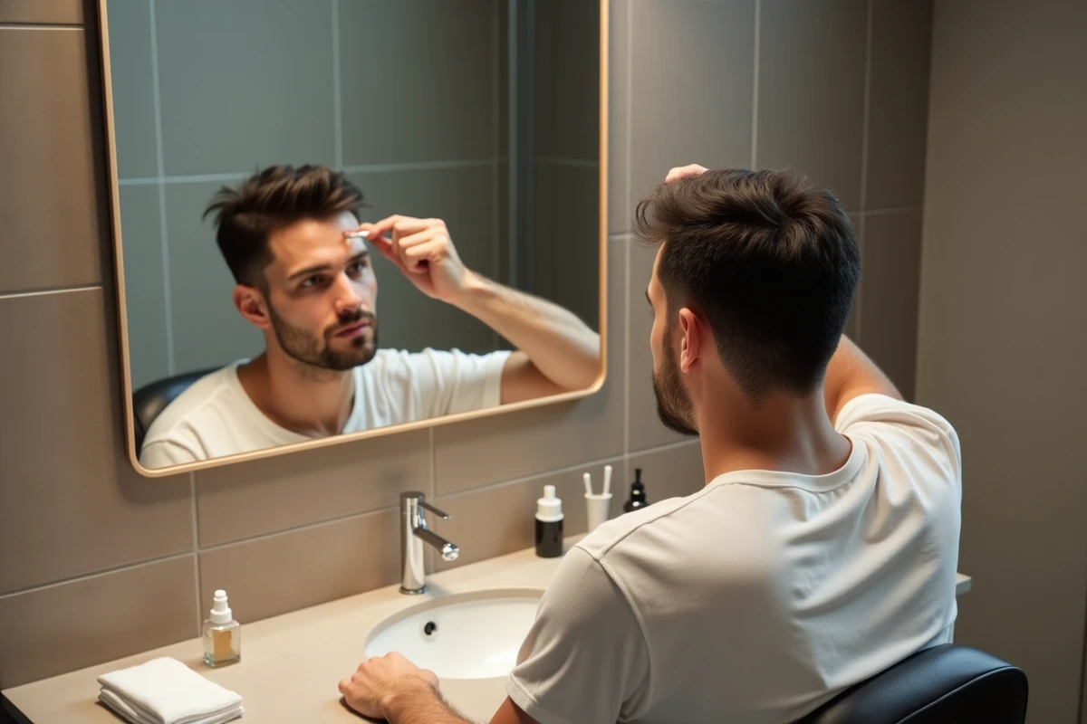 Homme préparant son cuir chevelu avec un peigne et un dermaroller dans une salle de bain moderne