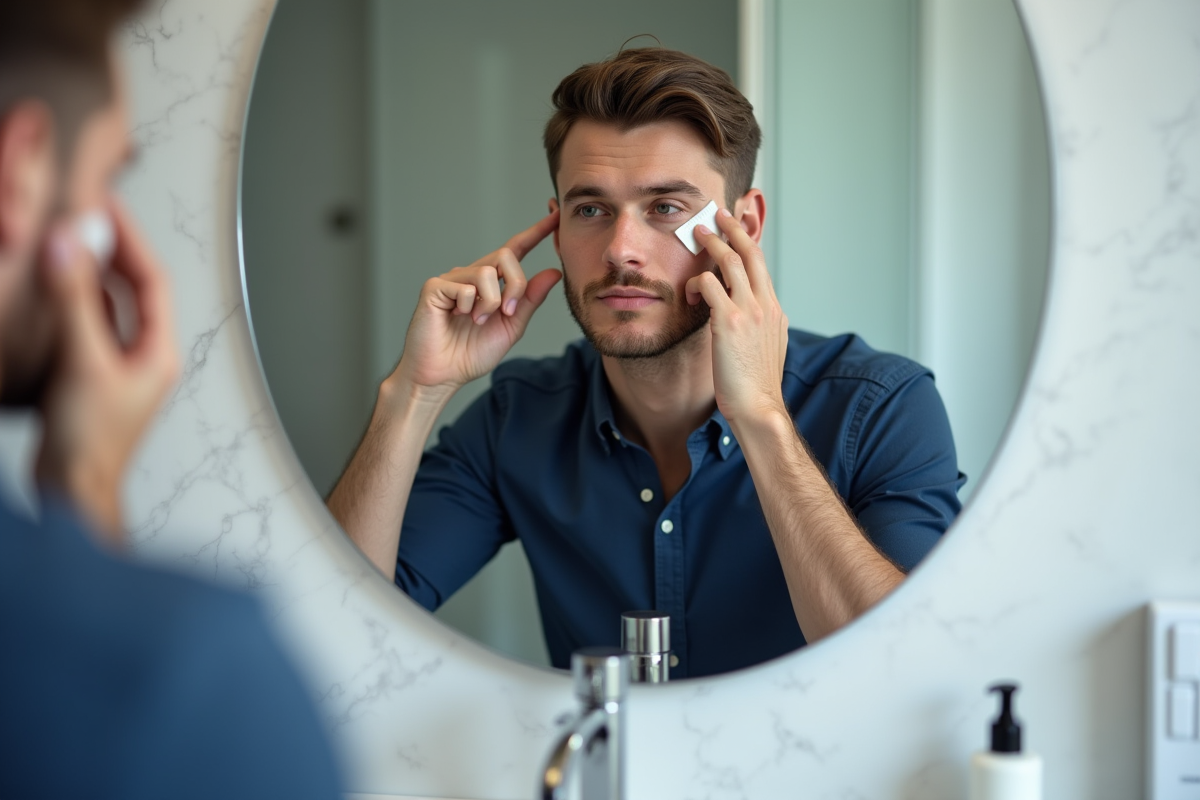 Jeune homme appliquant une base devant un miroir