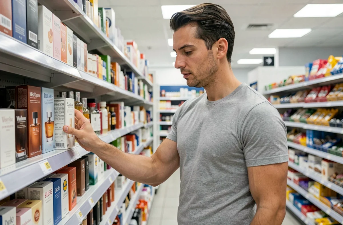 Homme choisissant un parfum dupe dans le rayon cosmétiques d'un supermarché Lidl, stratégie économique anti-inflation