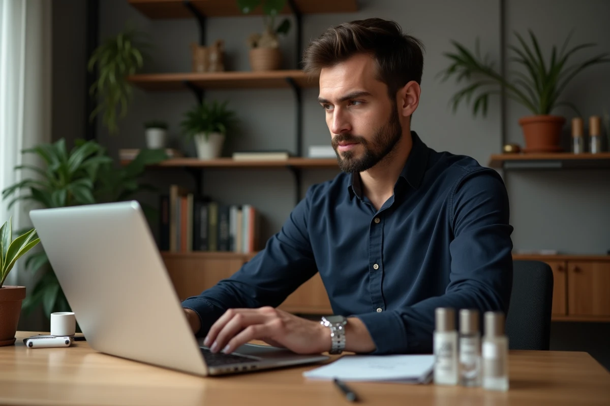 Homme recherchant et comparant des parfums en ligne sur un site alternatif à Notino depuis son bureau