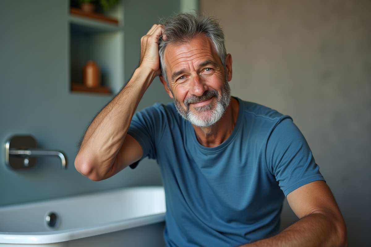 Homme pensif se coiffant dans la salle de bain