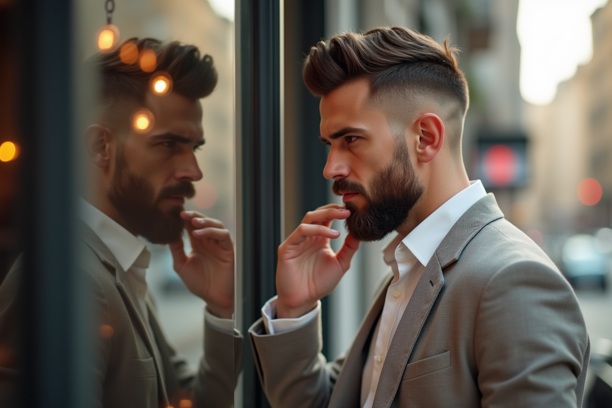Homme regardant son reflet dans une vitrine de café en ville