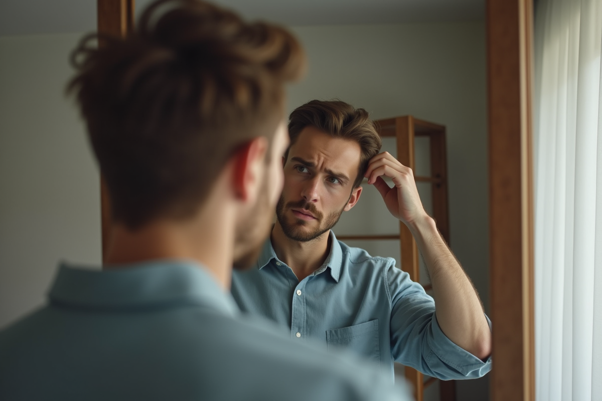 Jeune homme examinant ses cheveux dans un miroir de chambre