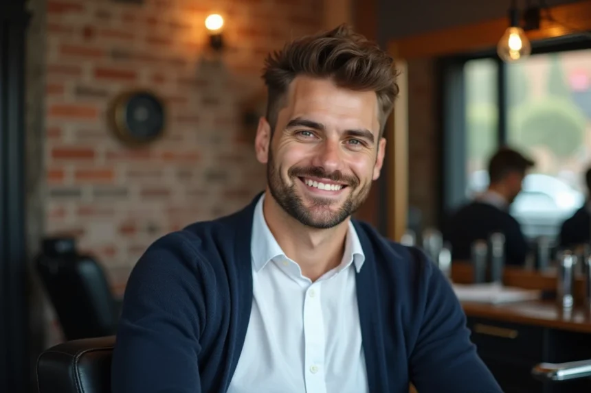 Portrait d'un homme souriant dans un salon de coiffure moderne