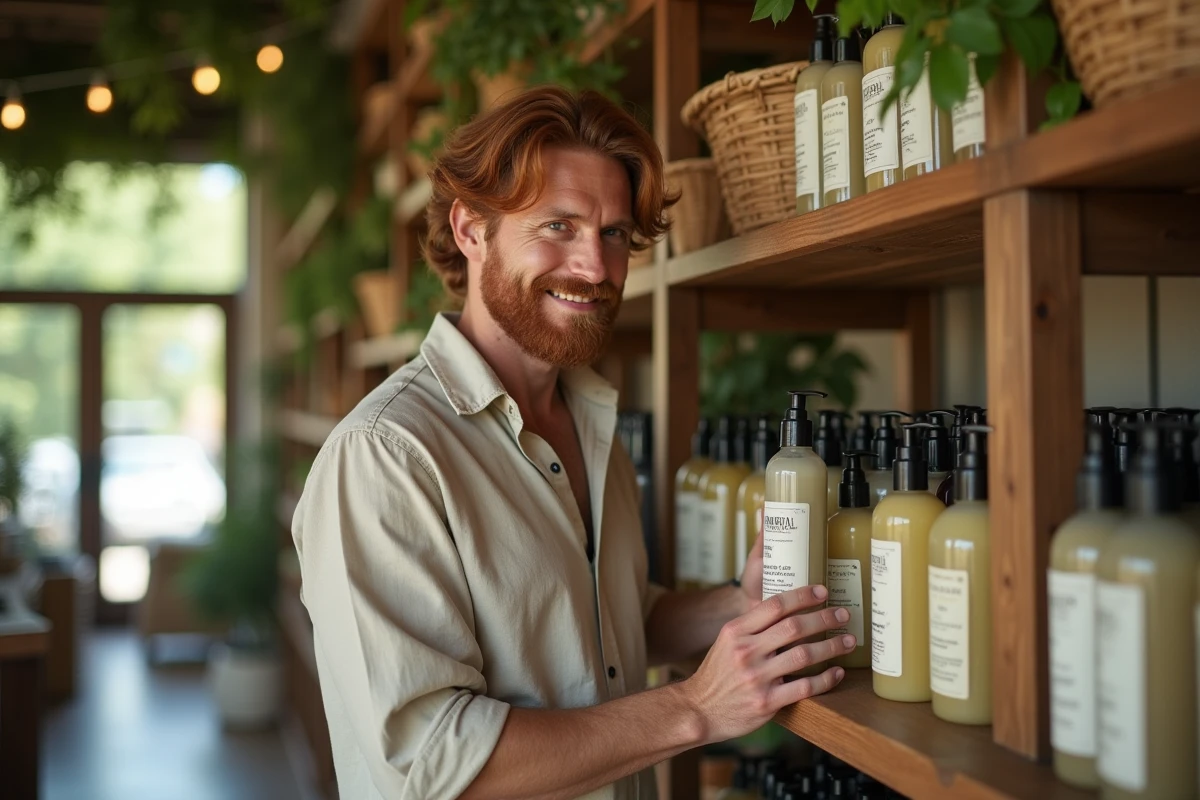 Homme choisissant un shampoing bio dans une boutique végétale