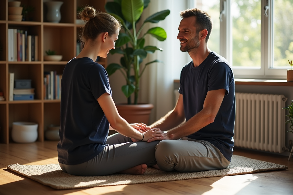 Homme recevant un massage shiatsu dans un salon chaleureux