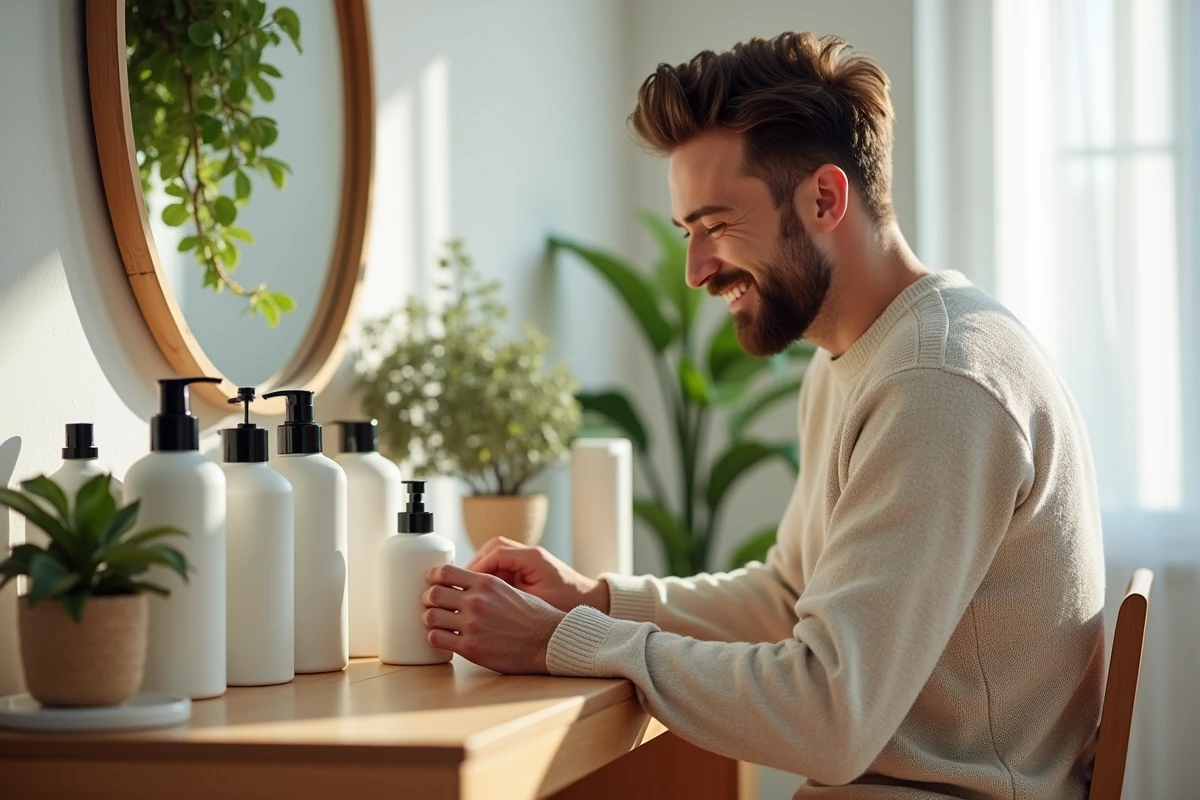 Homme arrangeant des produits capillaires dans son appartement lumineux