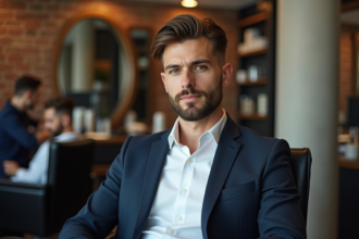 Homme élégant en coiffure dégradée dans un salon moderne
