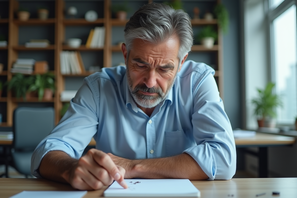 Homme au bureau examinant des cheveux tombés sur un carnet