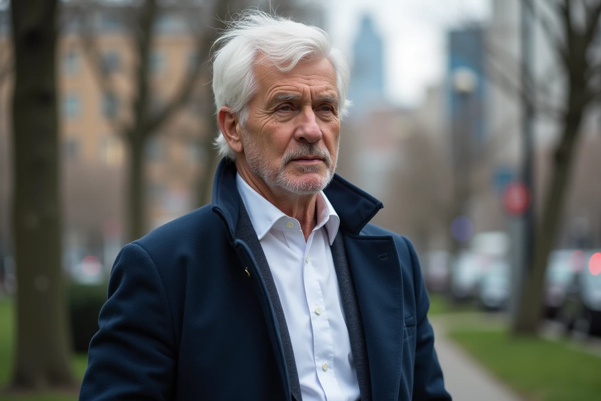 Homme mature avec cheveux blancs dans un parc urbain