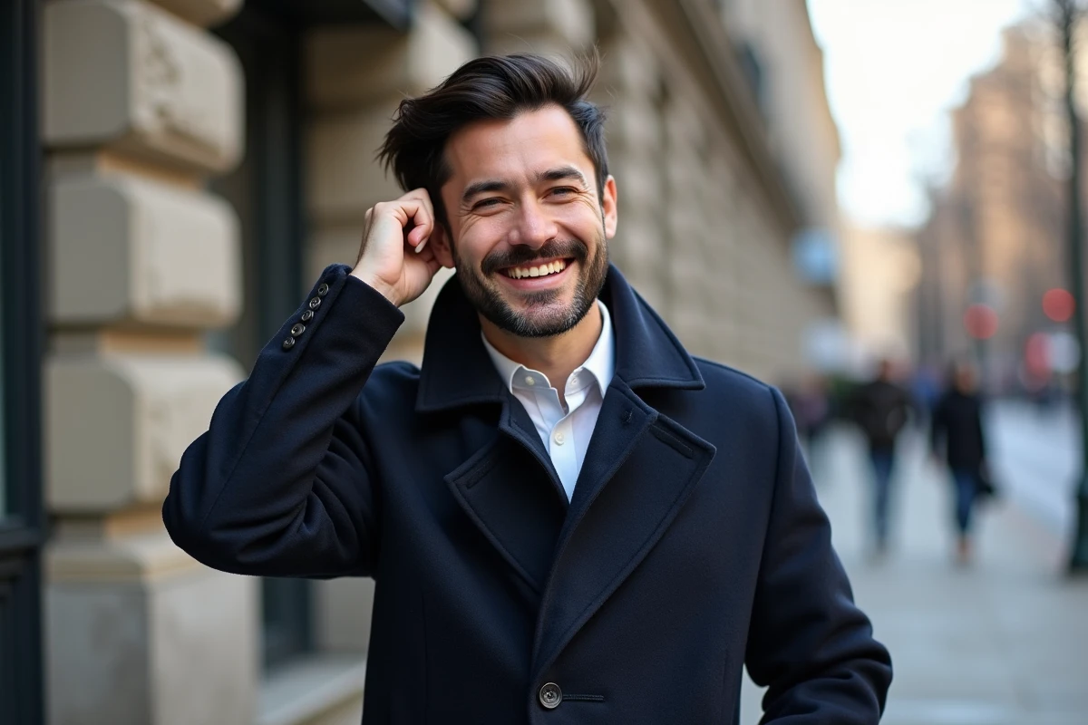 Homme souriant marche dans la ville en automne