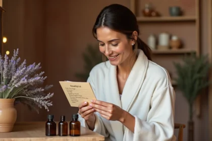 Femme en robe blanche tenant un flacon d'huile naturelle devant des bouteilles d'huiles essentielles sur une coiffeuse en bois