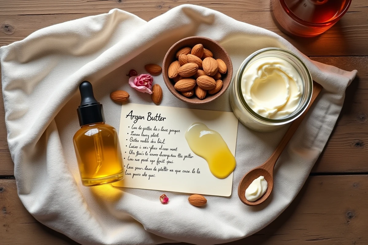 Vue de dessus d'ingrédients naturels pour soin de la poitrine : huile d'argan, beurre de karité, pétales de rose et recette manuscrite