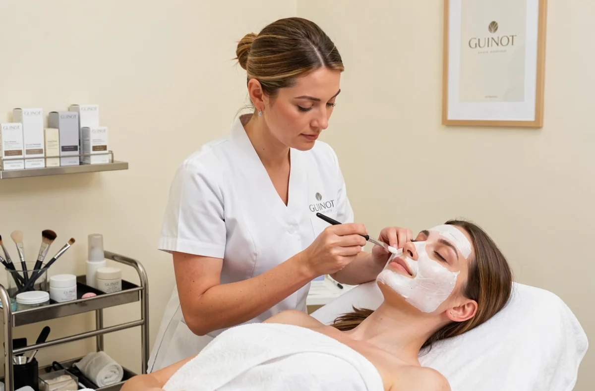 Esthéticienne de l'Institut Guinot Lyon appliquant un masque hydratant blanc sur le visage d'une cliente allongée dans une salle de soin équipée de produits Guinot