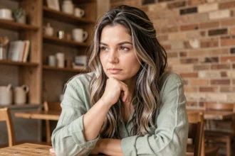 Jeune femme brune avec des cheveux blancs naturels regardant pensivement dans un café chaleureux