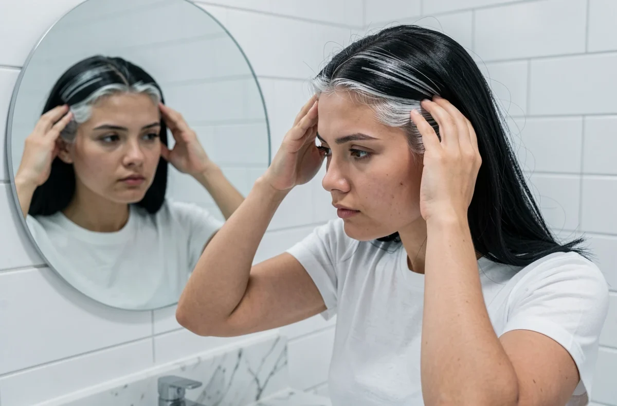 Jeune femme examinant ses cheveux blancs prématurés dans un miroir de salle de bain moderne
