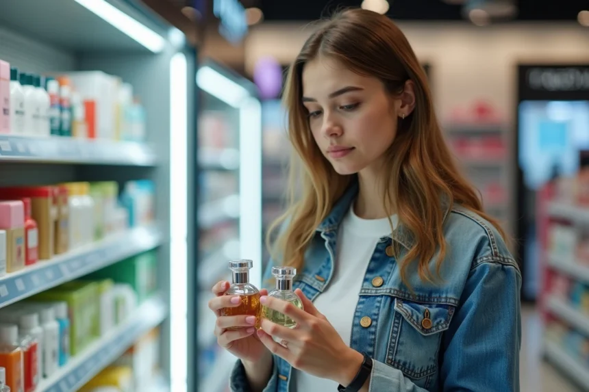 Jeune femme examine deux parfums en magasin