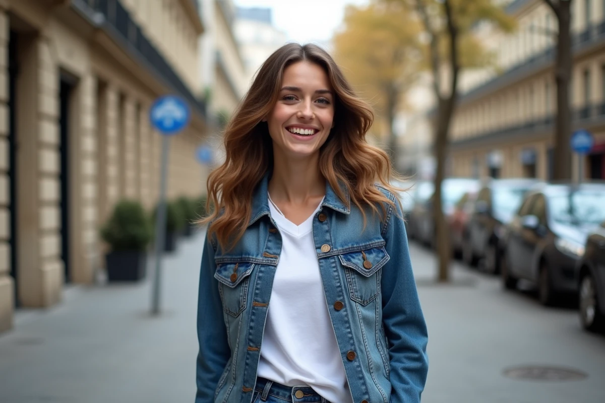Jeune femme souriante marche dans une rue parisienne