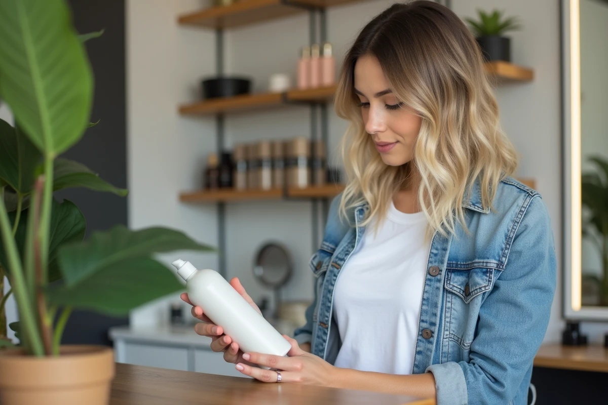 Jeune femme au salon examinant un produit capillaire