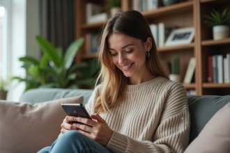 Jeune femme souriante lisant sur son smartphone dans un salon cosy