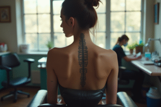 Jeune femme assise sur une chaise de tatouage avec un tatouage de la colonne vertébrale fraîche